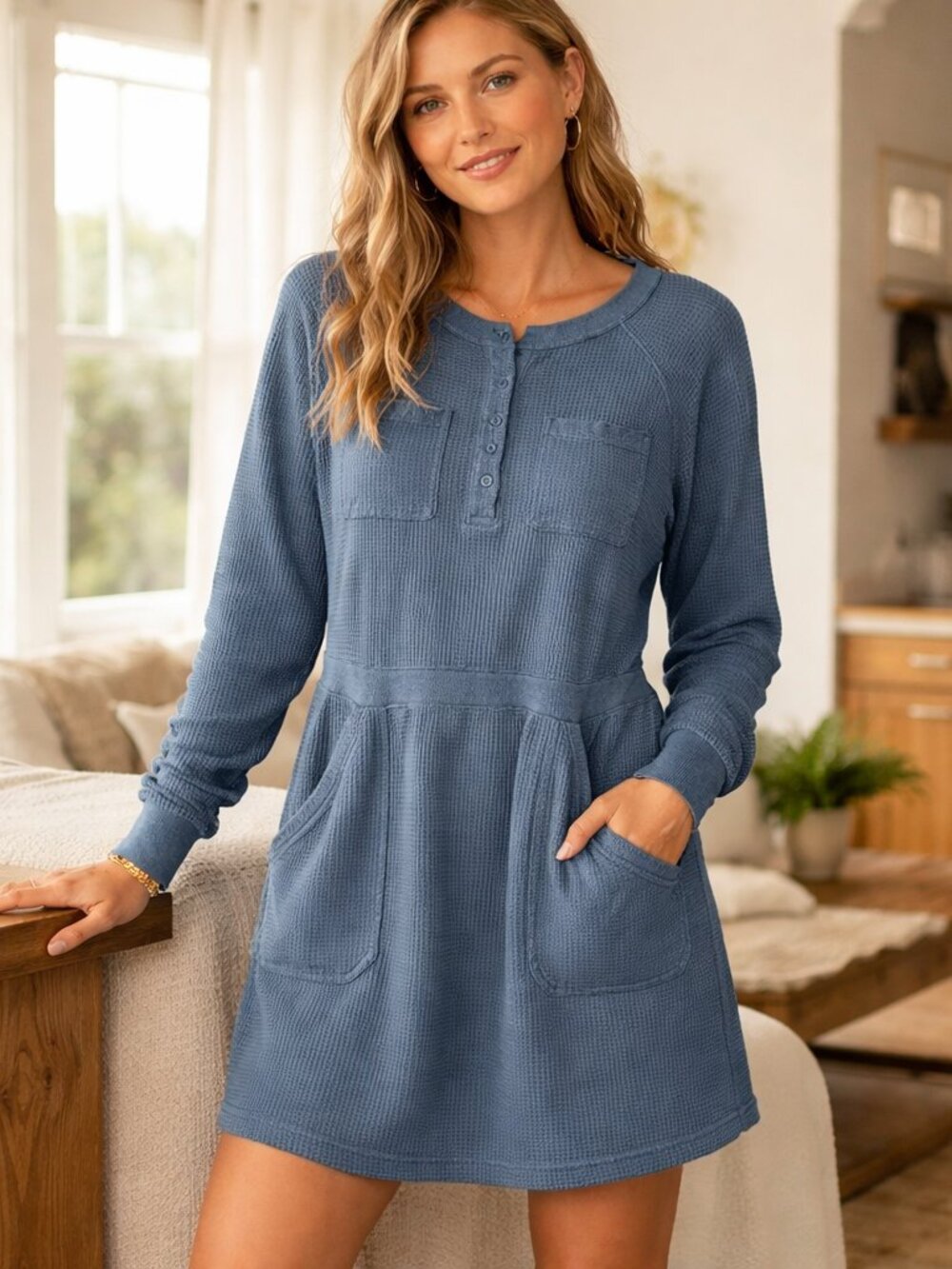 Anthropologie Daily Practice Blue Waffle Knit Utility Mini Dress Pockets L